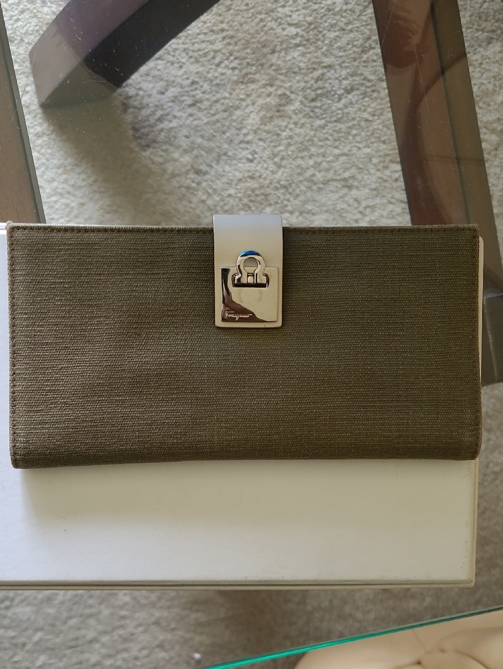 Salvatore Ferragamo Olive Canvas Clutch with Silver Hardware